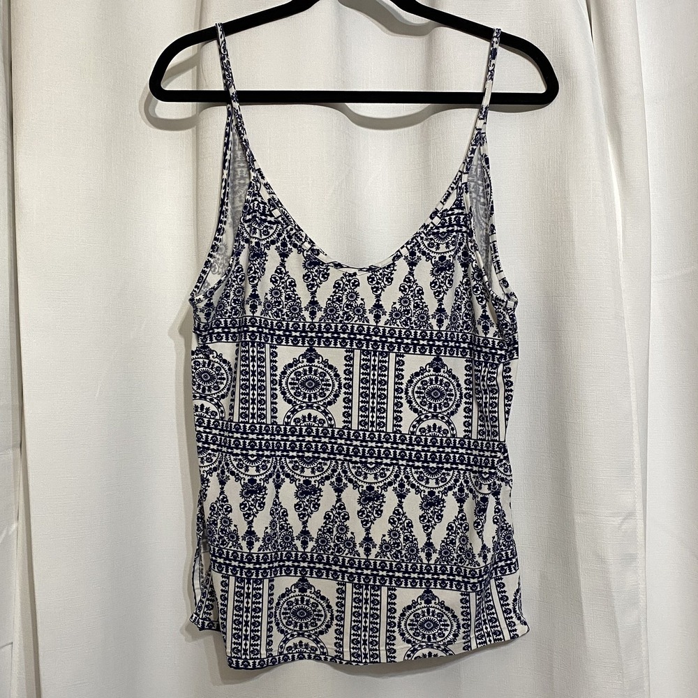 Ava‎ Sky Women's Floral Sleeveless Blouse Spaghetti Strap Top Blue & White Large
